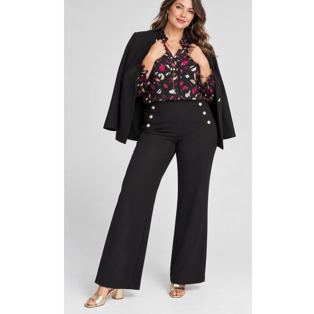 Chico's Juliet Ponte Gold Button Detail Flare Pants  Black Wide Leg Size 3 US 16